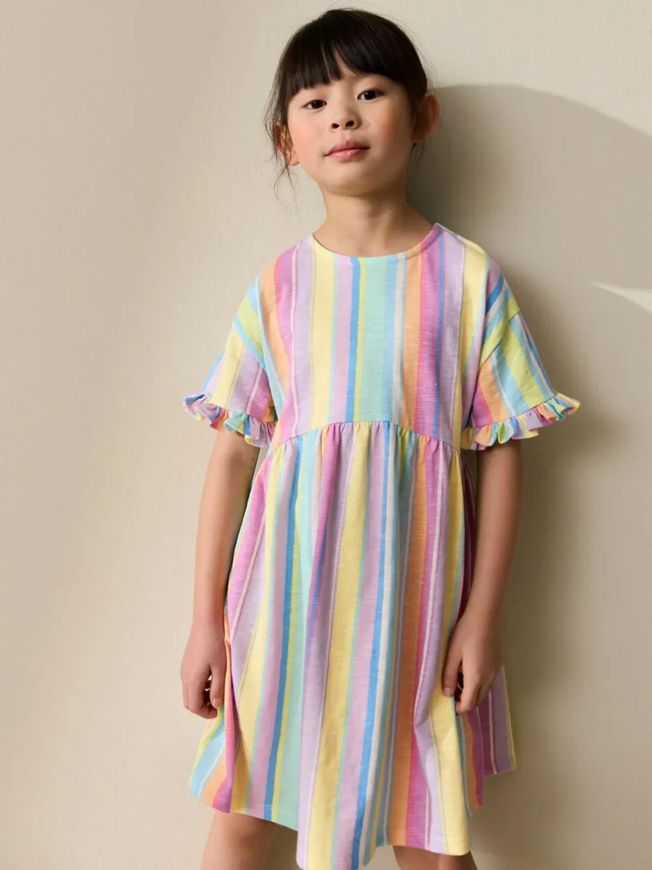 Next Short Sleeve Jersey Dress (3-16yrs) Rainbow Stripe New