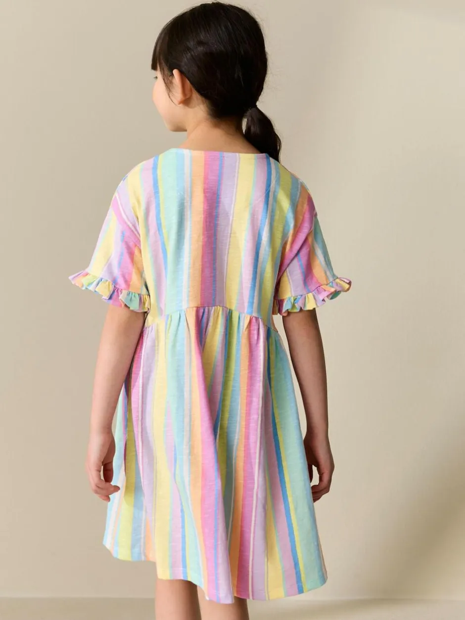 Next Short Sleeve Jersey Dress (3-16yrs) Rainbow Stripe New