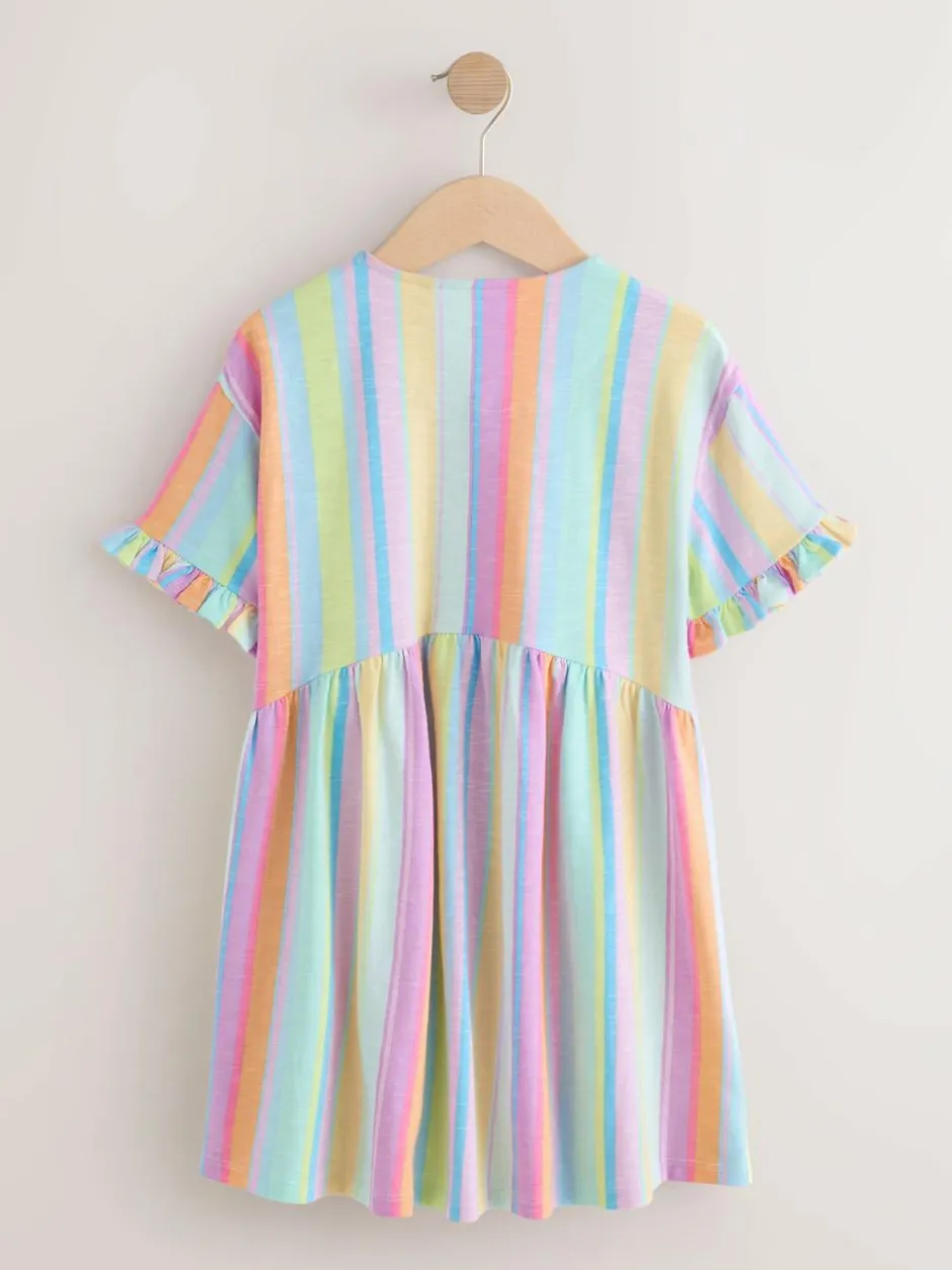 Next Short Sleeve Jersey Dress (3-16yrs) Rainbow Stripe New