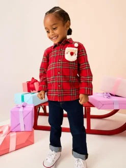 Next Long Sleeve Christmas Check Shirt (3mths-10yrs) Red Black Hot