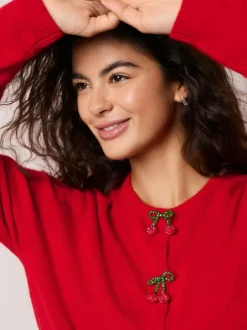 Next Red Cherry Buttons Crew Neck Knitted Cardigan With Wool Clearance