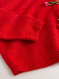 Next Red Cherry Buttons Crew Neck Knitted Cardigan With Wool Clearance