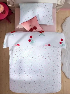 Next Red Cherry Poms Printed Polycotton Duvet Cover and Pillowcase Bedding Set Clearance