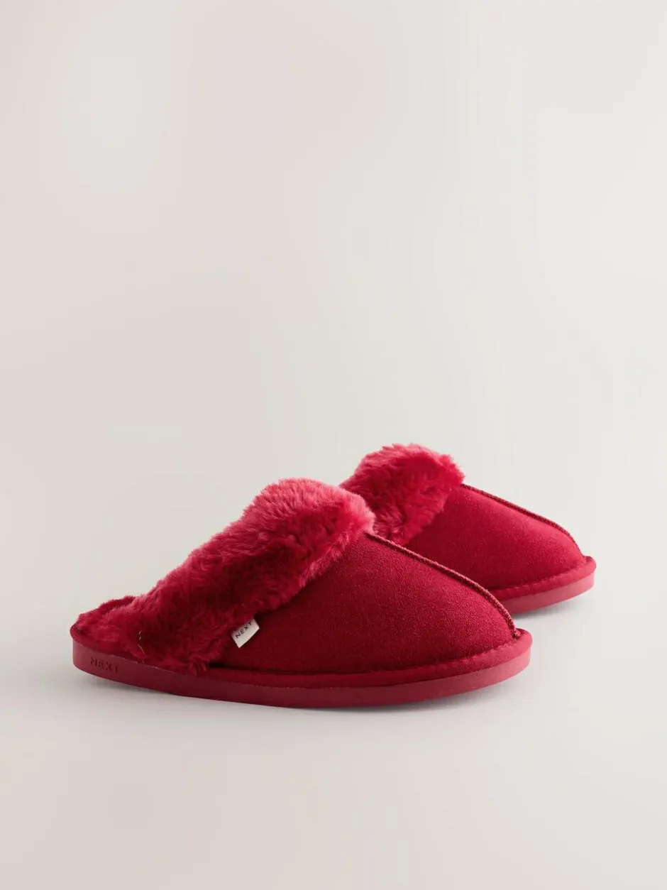 Next Red Faux Fur Lined Suede Mule Slippers Online
