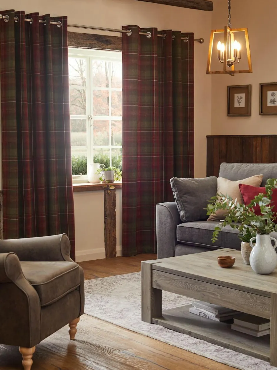 Next Red Highland Check Lined Eyelet Curtains Clearance