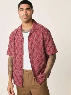 Next Textu Embroide Tile Short Sleeve Shirt Red Sale