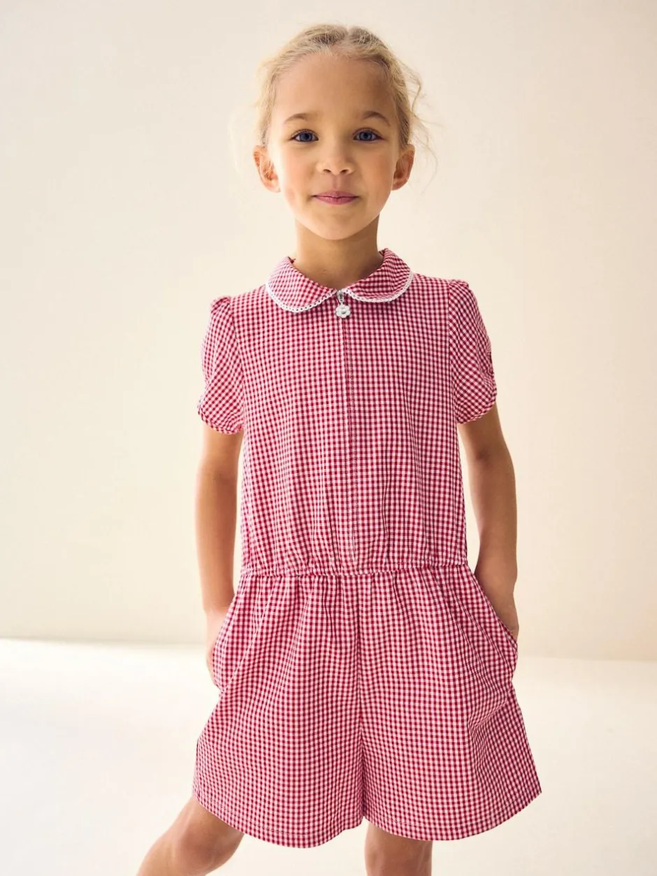 Next Zip Front Cotton Rich Gingham School Playsuit (3-14yrs) Red Discount