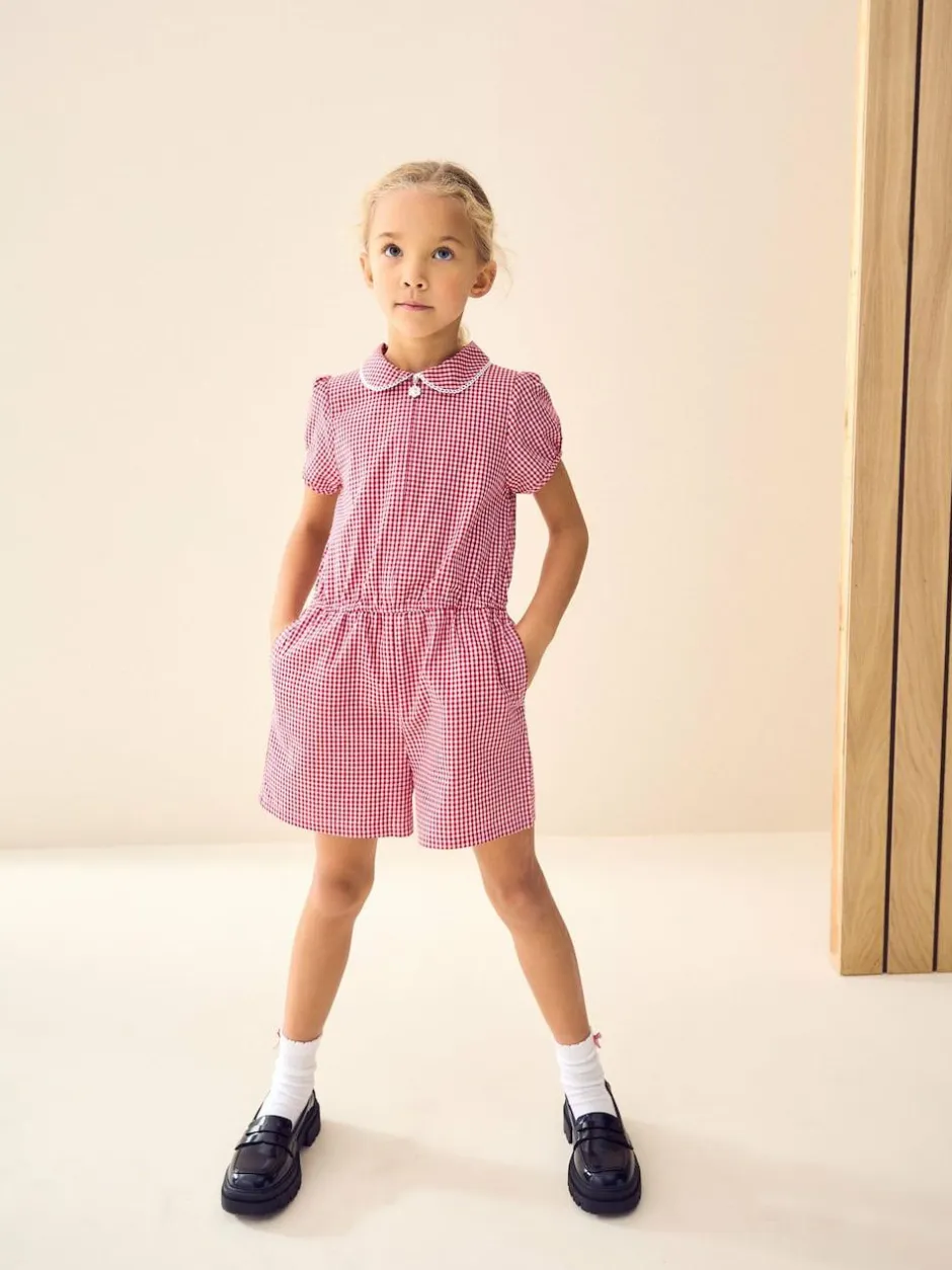 Next Zip Front Cotton Rich Gingham School Playsuit (3-14yrs) Red Discount