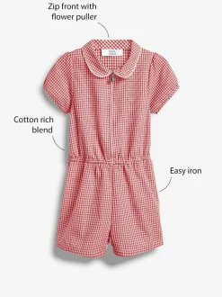 Next Zip Front Cotton Rich Gingham School Playsuit (3-14yrs) Red Discount
