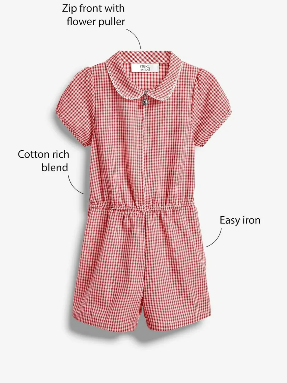 Next Zip Front Cotton Rich Gingham School Playsuit (3-14yrs) Red Discount
