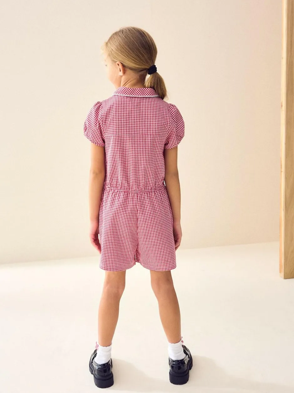 Next Zip Front Cotton Rich Gingham School Playsuit (3-14yrs) Red Discount