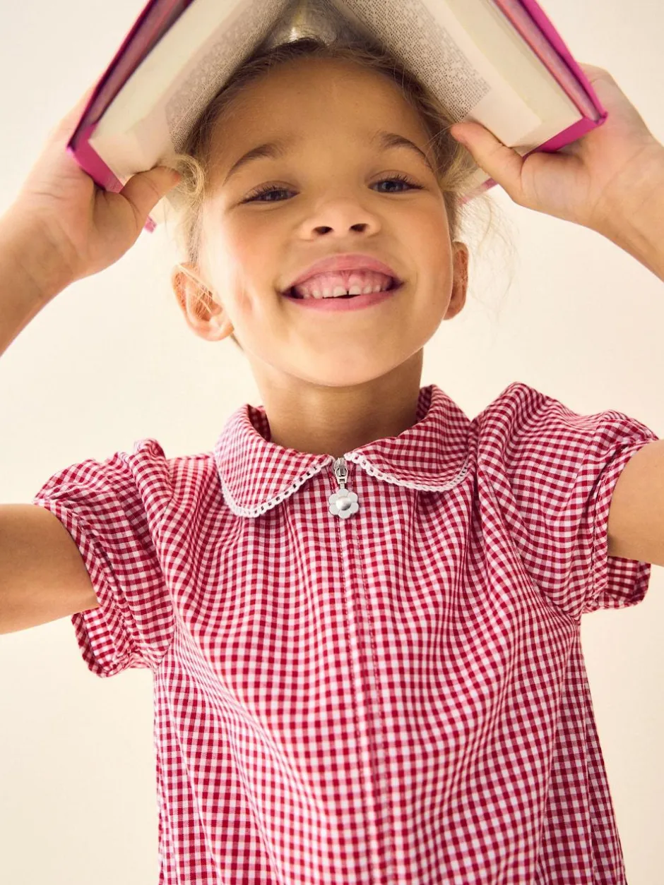 Next Zip Front Cotton Rich Gingham School Playsuit (3-14yrs) Red Discount