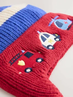Next Ear-Cover Pom Beanie Hat (3mths-10yrs) Red/Blue Emergency Vehicles Outlet