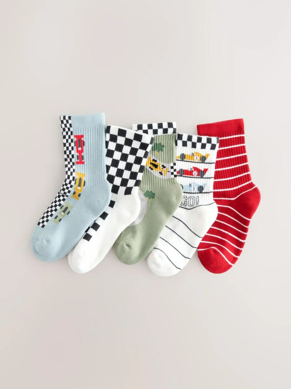 Next Cushioned Footbed Cotton Rich Ribbed Socks 5 Pack Red/White Race Cars Sale