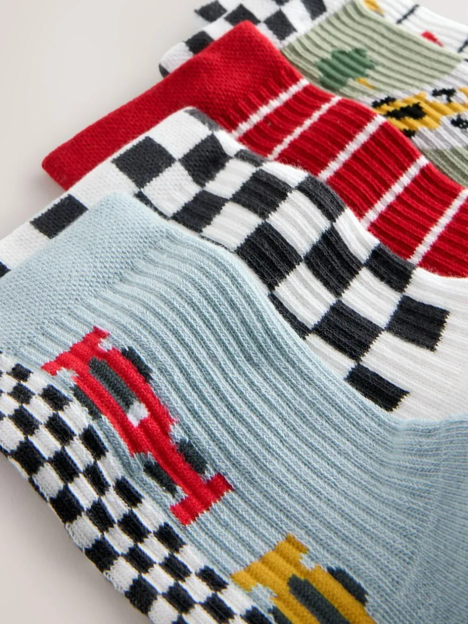 Next Cushioned Footbed Cotton Rich Ribbed Socks 5 Pack Red/White Race Cars Sale