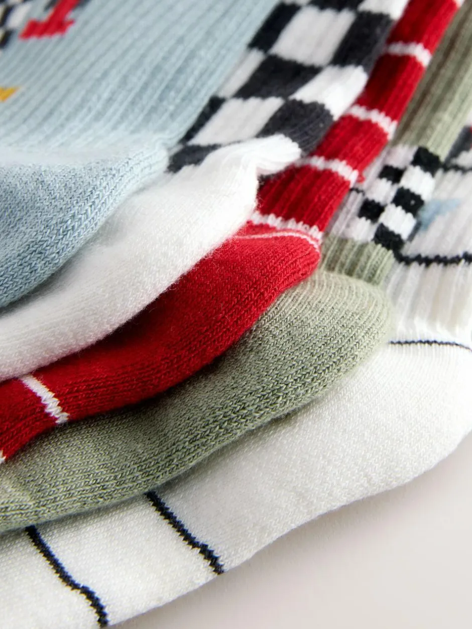 Next Cushioned Footbed Cotton Rich Ribbed Socks 5 Pack Red/White Race Cars Sale