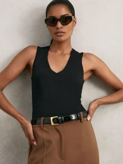 Reiss Black Belinda Leather Square-Buckle Belt New