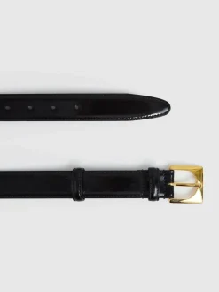 Reiss Black Belinda Leather Square-Buckle Belt New