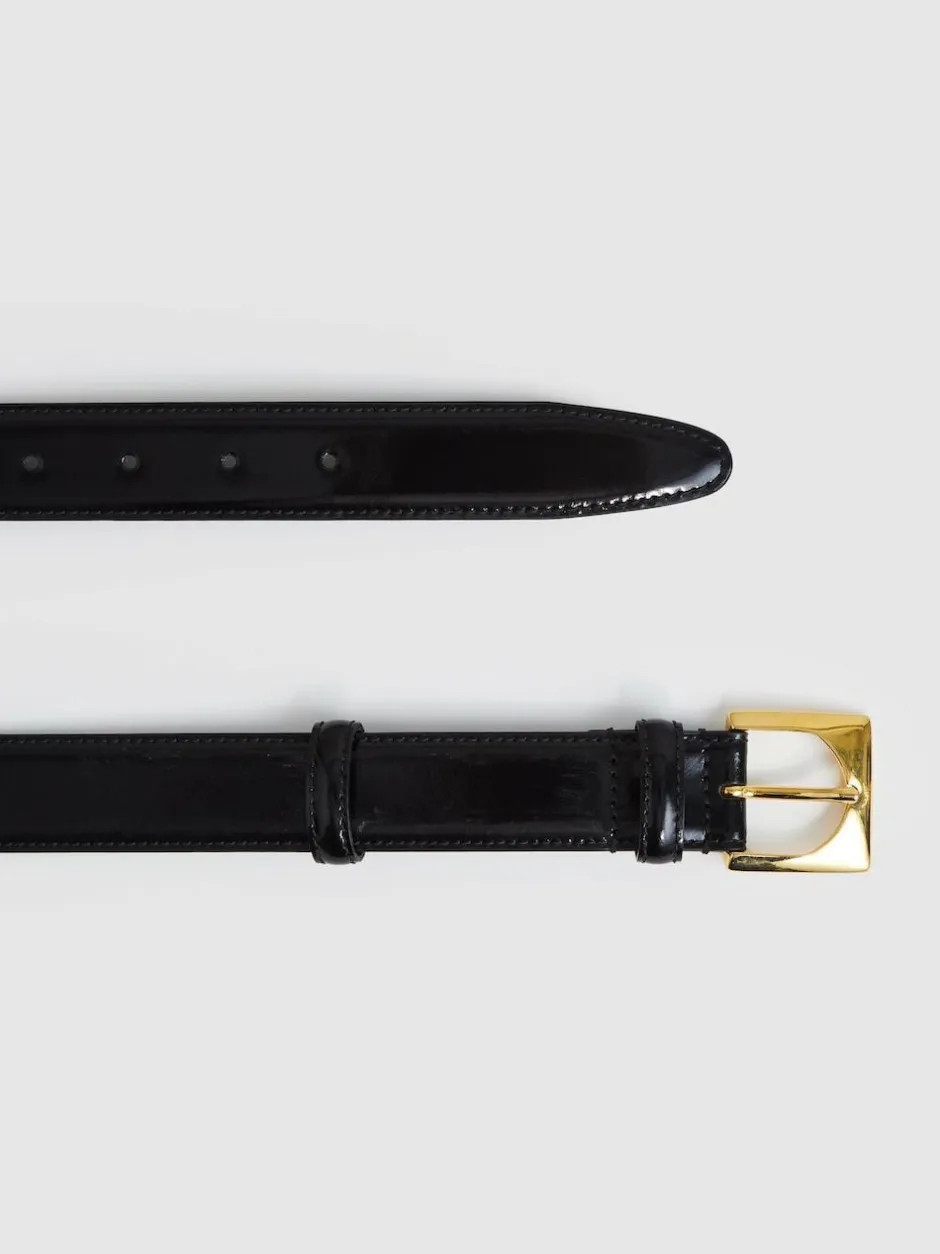 Reiss Black Belinda Leather Square-Buckle Belt New