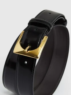 Reiss Black Belinda Leather Square-Buckle Belt New