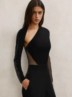 Reiss Black Karolina Velvet Sheer-Panel Wide-Leg Jumpsuit Clearance