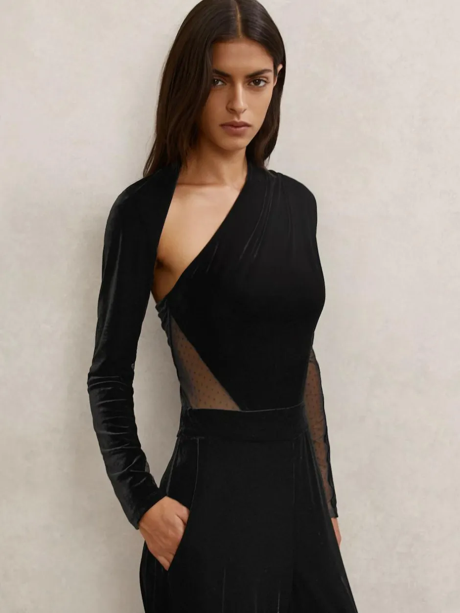 Reiss Black Karolina Velvet Sheer-Panel Wide-Leg Jumpsuit Clearance