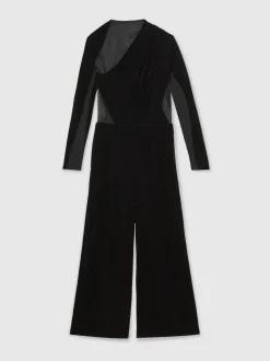 Reiss Black Karolina Velvet Sheer-Panel Wide-Leg Jumpsuit Clearance