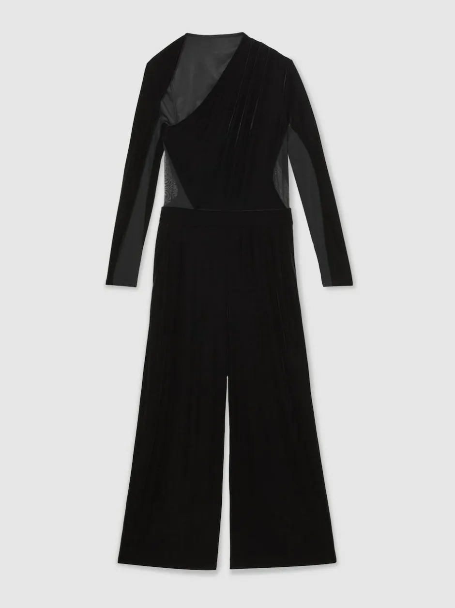 Reiss Black Karolina Velvet Sheer-Panel Wide-Leg Jumpsuit Clearance