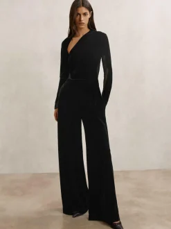 Reiss Black Karolina Velvet Sheer-Panel Wide-Leg Jumpsuit Clearance