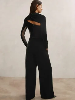 Reiss Black Karolina Velvet Sheer-Panel Wide-Leg Jumpsuit Clearance