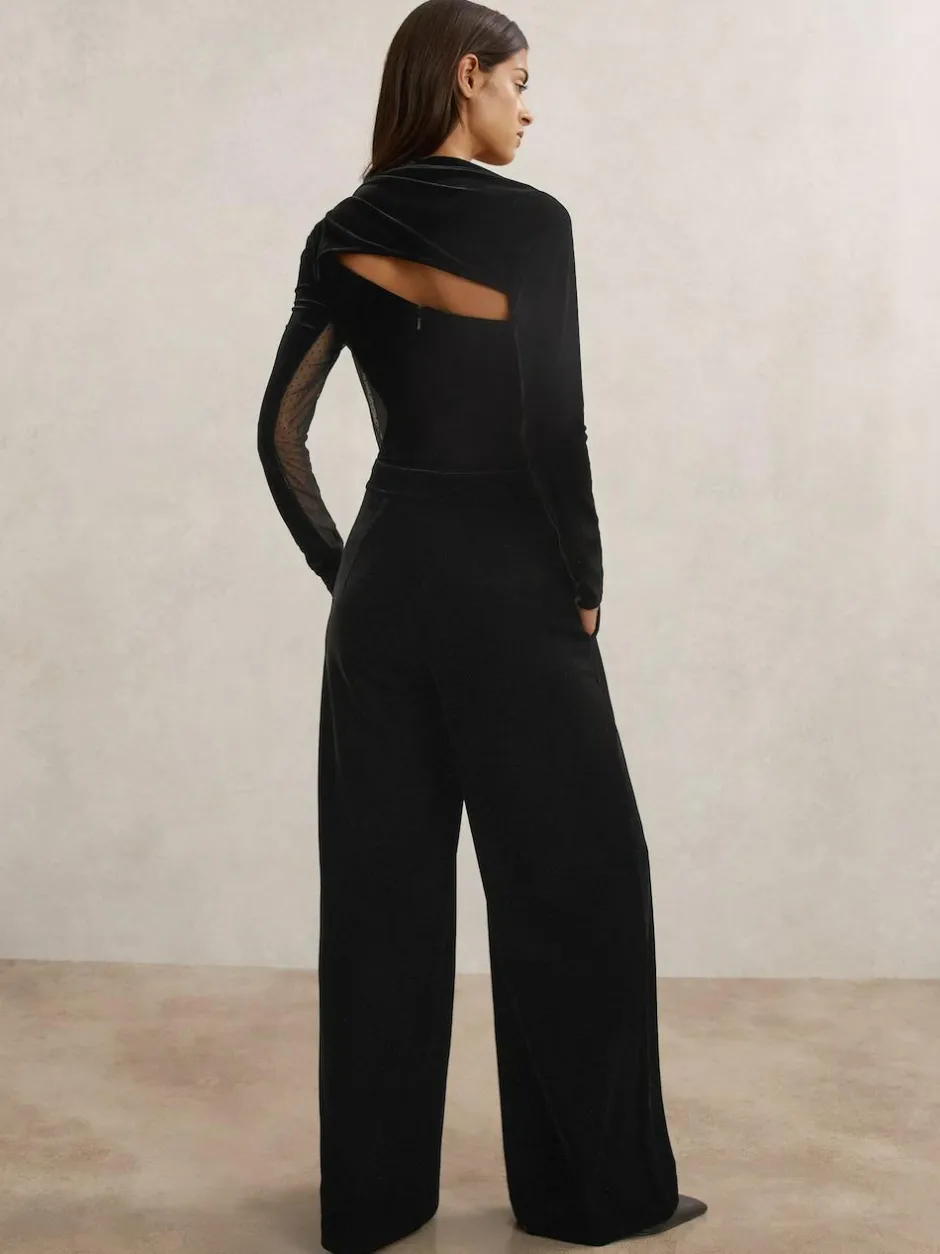 Reiss Black Karolina Velvet Sheer-Panel Wide-Leg Jumpsuit Clearance