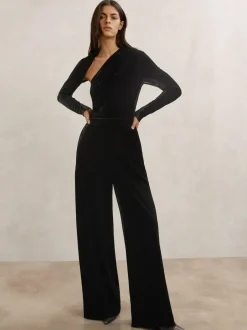 Reiss Black Karolina Velvet Sheer-Panel Wide-Leg Jumpsuit Clearance