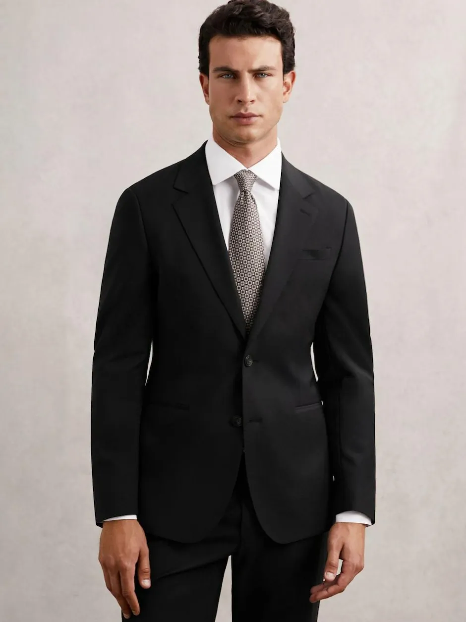 Reiss Promise Wool-Blend Single-Breasted Suit Blazer Tailored-Fit Black Hot
