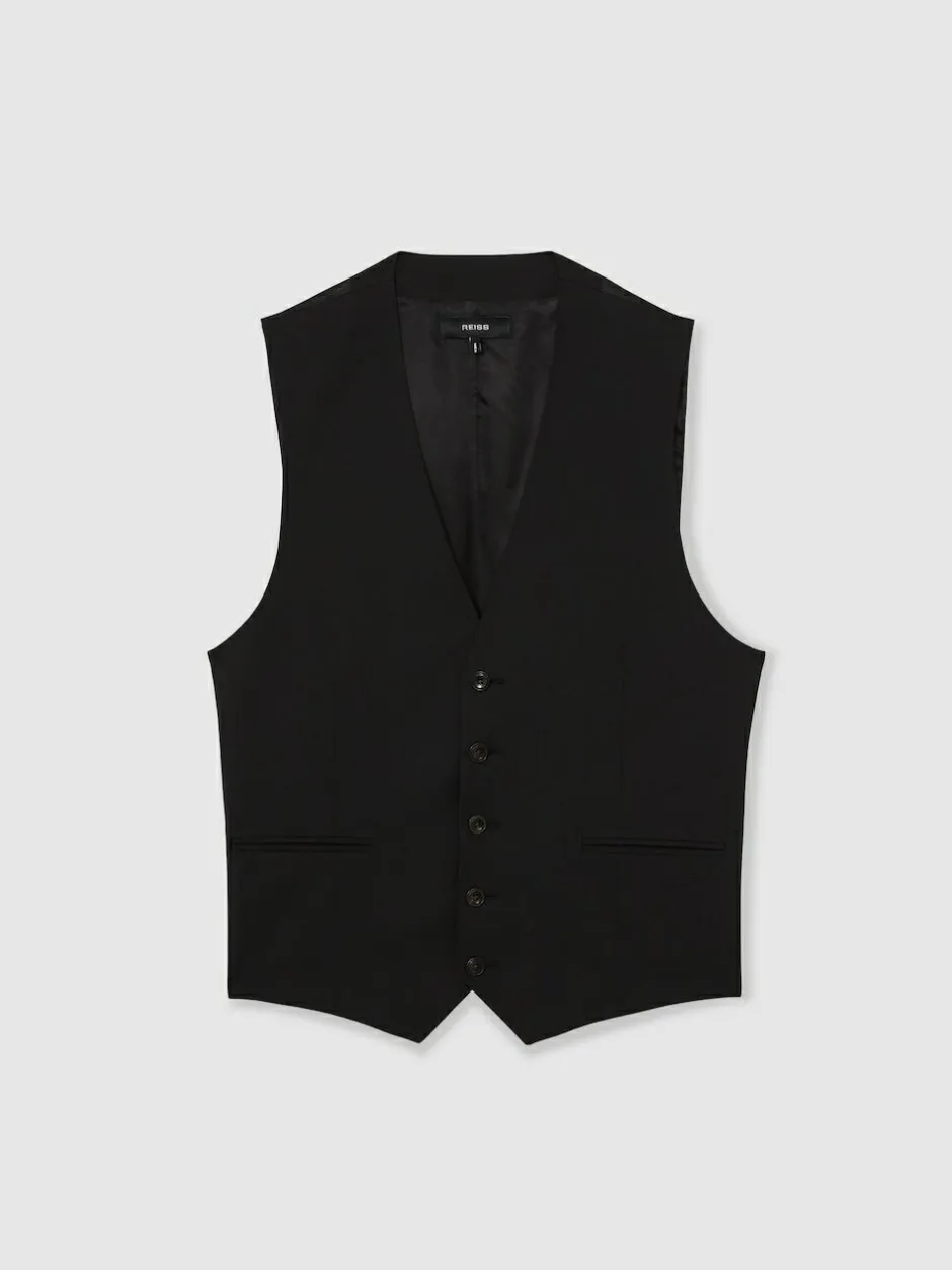 Reiss Promise Wool-Blend Tailored-Fit Waistcoat Black New