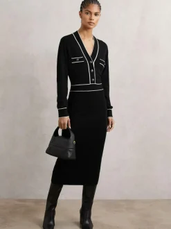 Reiss Black/Ivory Lorrie Wool-Blend Tipped Dress With Cashmere Best