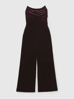 Reiss Burgundy Andria Velvet Drape Strapless Jumpsuit Best