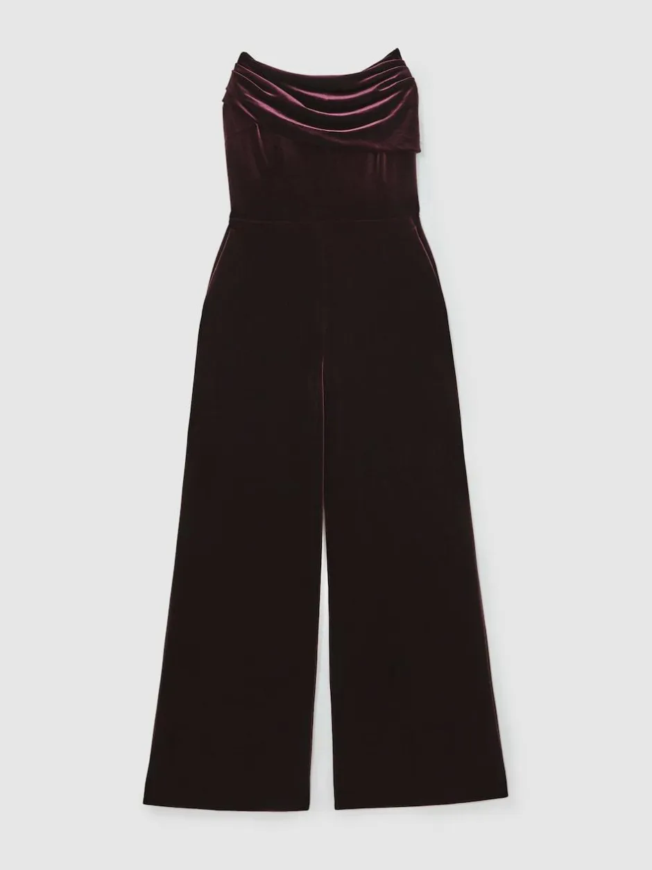 Reiss Burgundy Andria Velvet Drape Strapless Jumpsuit Best