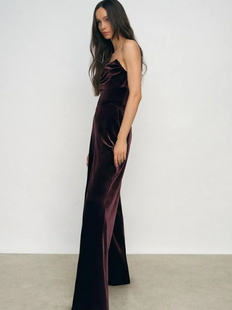 Reiss Burgundy Andria Velvet Drape Strapless Jumpsuit Best