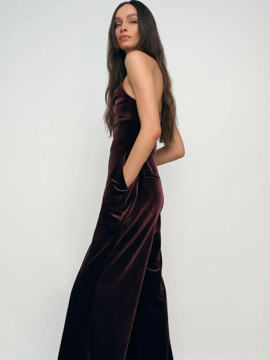 Reiss Burgundy Andria Velvet Drape Strapless Jumpsuit Best
