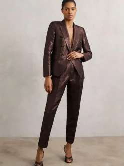 Reiss Sienna Double-Breasted Metallic Suit Blazer with Cotton Burgundy Hot