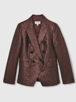 Reiss Sienna Double-Breasted Metallic Suit Blazer with Cotton Burgundy Hot