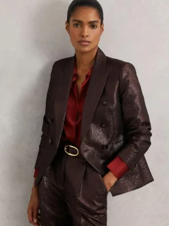 Reiss Sienna Double-Breasted Metallic Suit Blazer with Cotton Burgundy Hot