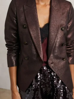 Reiss Sienna Double-Breasted Metallic Suit Blazer with Cotton Burgundy Hot