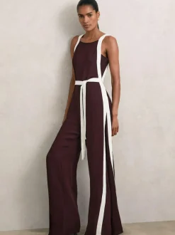 Reiss Salma Colourblock Wide Leg Belted Jumpsuit Burgundy/Cream New