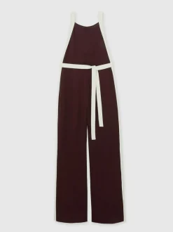 Reiss Salma Colourblock Wide Leg Belted Jumpsuit Burgundy/Cream New
