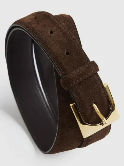 Reiss Chocolate Belinda Suede Square-Buckle Belt New