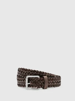 Reiss Chocolate Carlton Leather Woven Belt Hot