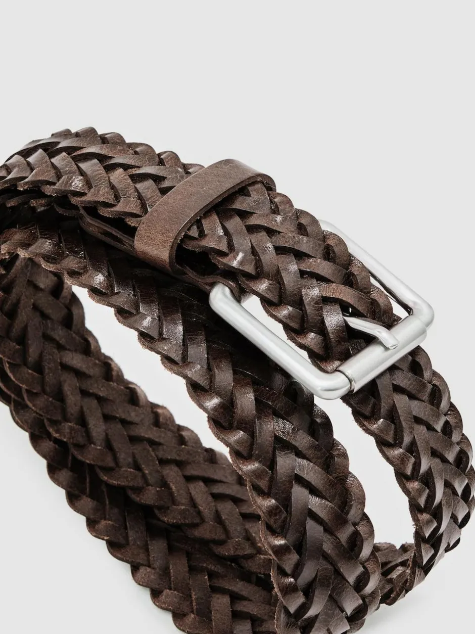 Reiss Chocolate Carlton Leather Woven Belt Hot