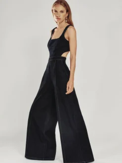 Reiss Dark Blue Dionna Wide-Leg Cut-Out Denim Jumpsuit Online