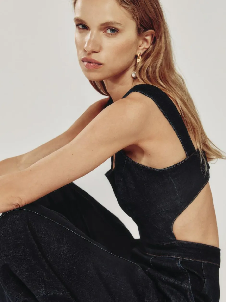 Reiss Dark Blue Dionna Wide-Leg Cut-Out Denim Jumpsuit Online